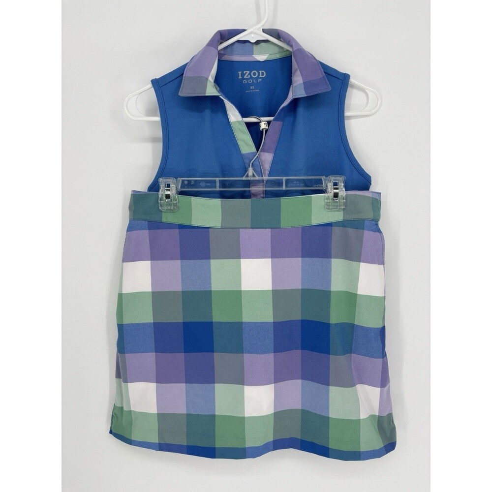 IZOD Golf Active Polo Top XS & Matching Sz 6 Skort Skirt Blue Check Outfit Set